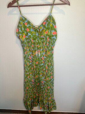 Farm Rio x Anthropologie Ruched Beaded Tie-Front Fruit Print Midi Dress - Medium